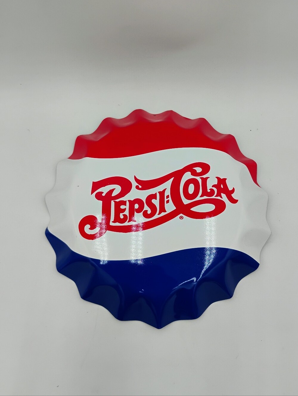Pepsi Cola Bottle Cap Wall Sign Modern Reproduction Aluminum 11 3/8" 2 Dot